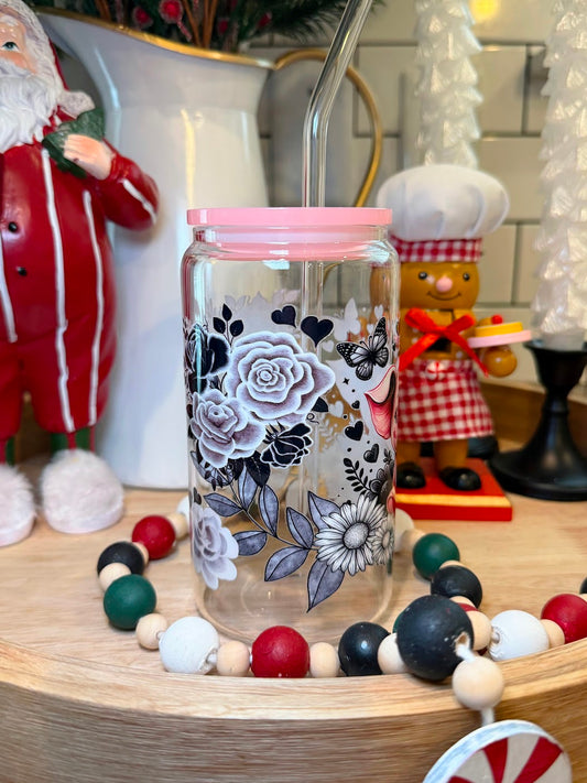 Midnight Blossom Piglet | Pink Acrylic Lid | 16oz Glass cup