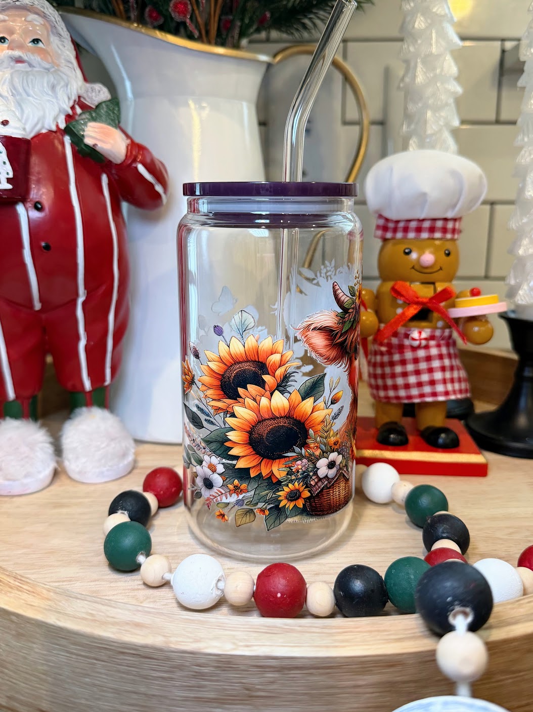 Sunflower Highland Cow | Dark Purple Acrylic Lid | 16oz Glass Cup
