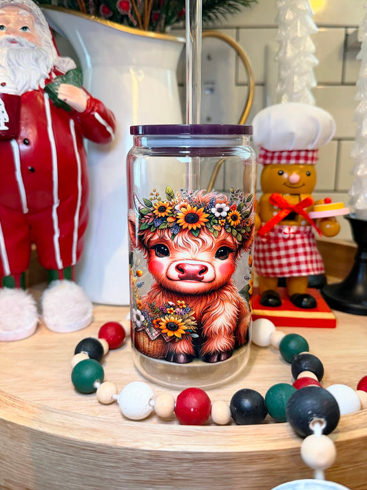 Sunflower Highland Cow | Dark Purple Acrylic Lid | 16oz Glass Cup