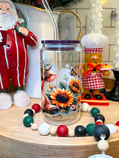 Sunflower Highland Cow | Dark Purple Acrylic Lid | 16oz Glass Cup
