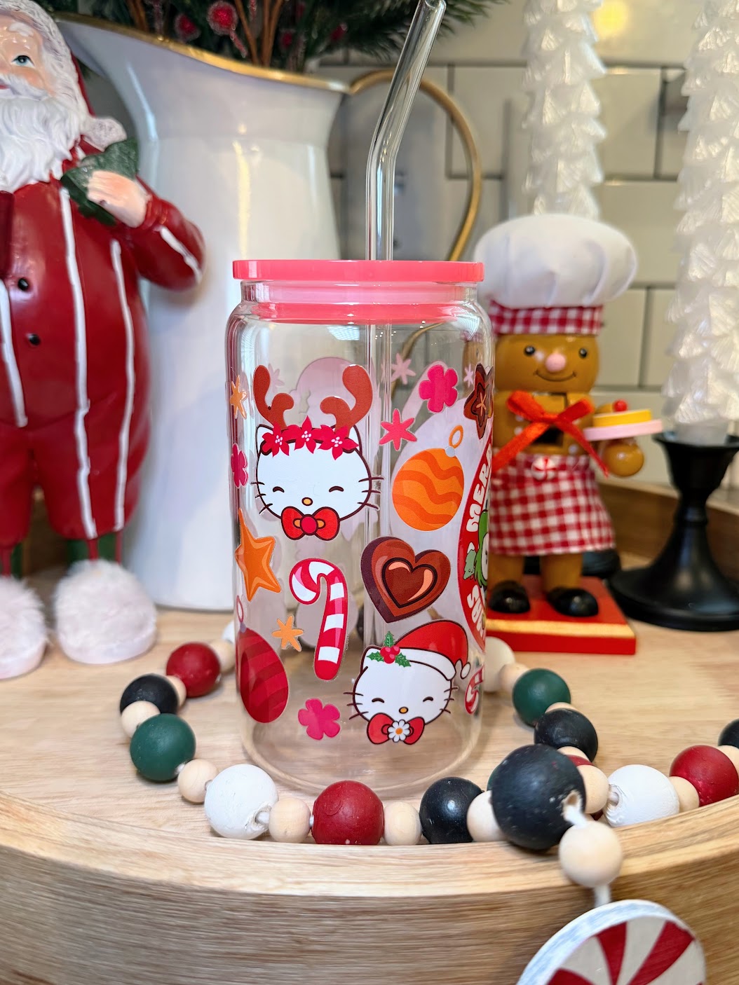 Merry Hello Kitty Grinchmas | Hot Pink Acrylic Lid | 16oz Glass Cup