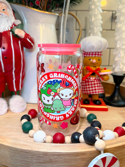 Merry Hello Kitty Grinchmas | Hot Pink Acrylic Lid | 16oz Glass Cup