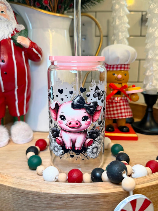 Midnight Blossom Piglet | Pink Acrylic Lid | 16oz Glass cup