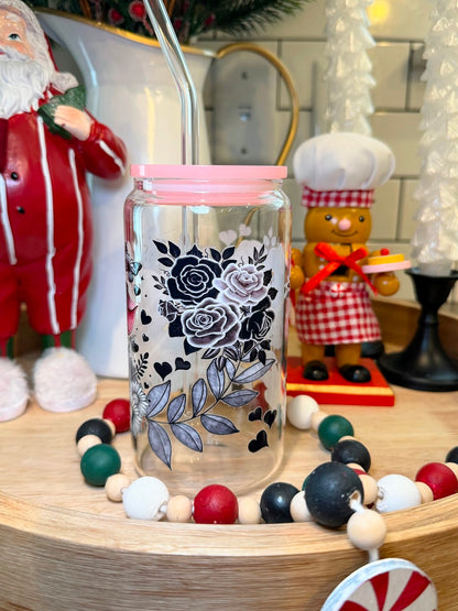 Midnight Blossom Piglet | Pink Acrylic Lid | 16oz Glass cup