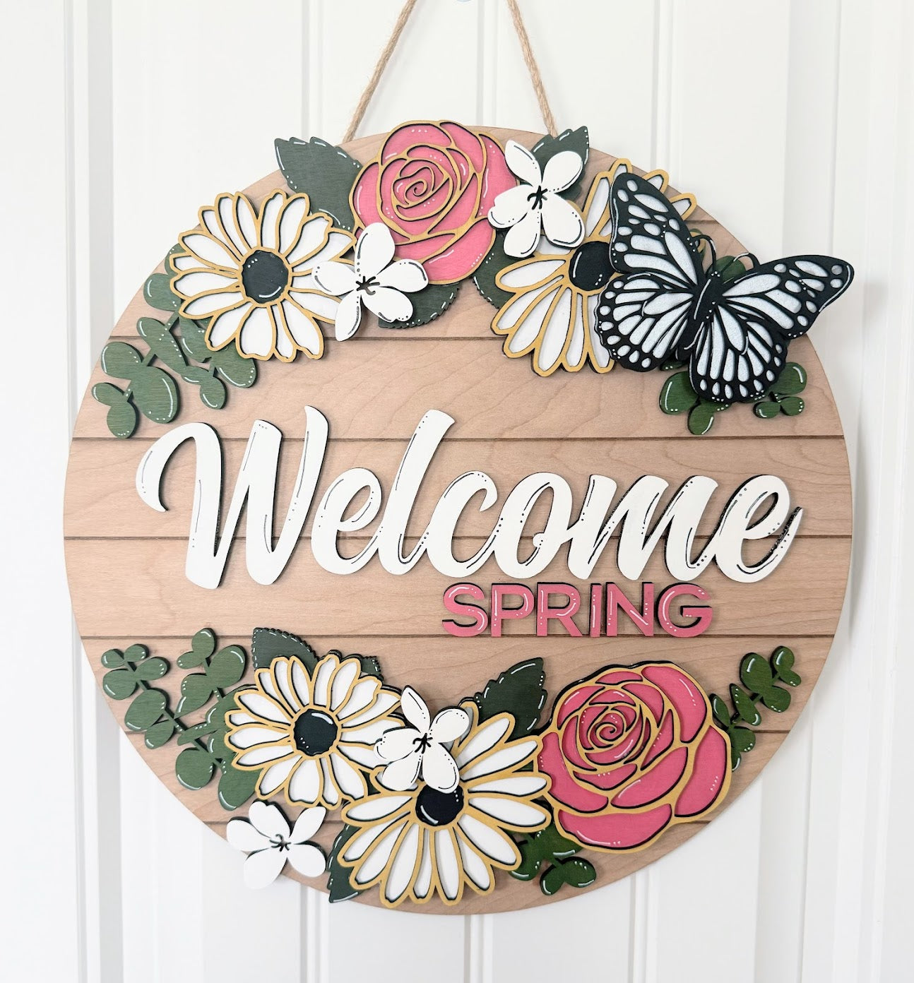Bloom & Butterfly “Welcome Spring” Layered Door Sign | 15"