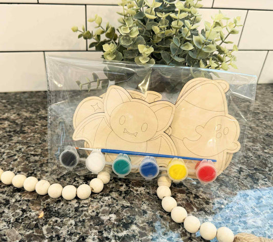 Halloween Kids Paint Kit | DIY Wood Craft Set Includes 5 Cutouts, Paints, & Brush)