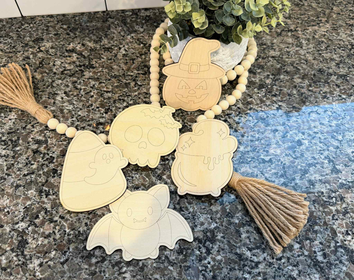 Halloween Kids Paint Kit | DIY Wood Craft Set Includes 5 Cutouts, Paints, & Brush)