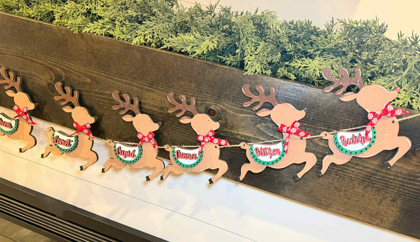 Santa’s Sleigh & Reindeer Garland | Holiday Mantle Decor